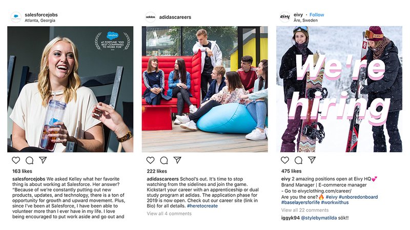 Salesforce, adidas and eivy are putting in a lot of effort into their recruiting on social media.